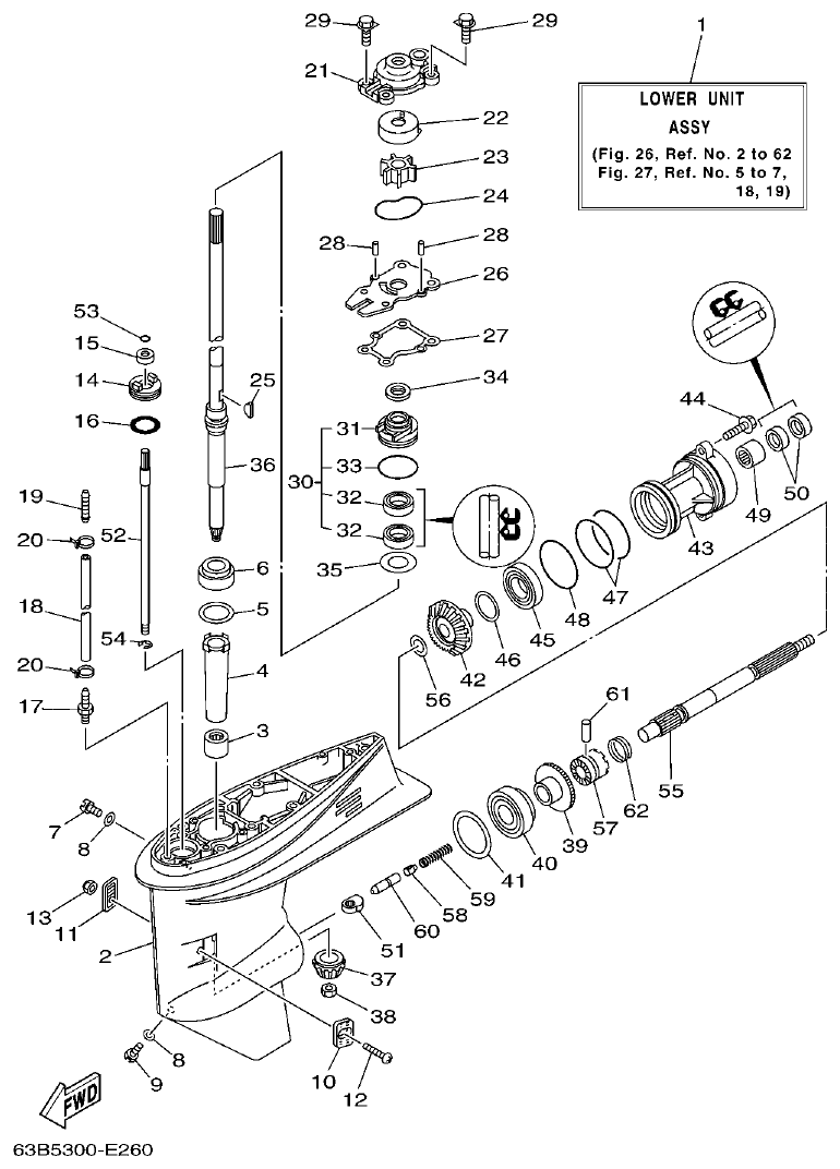 Yamaha 40VMHO, 40VEO, 40YETO LOWER CASING & DRIVE 1 parts diagram